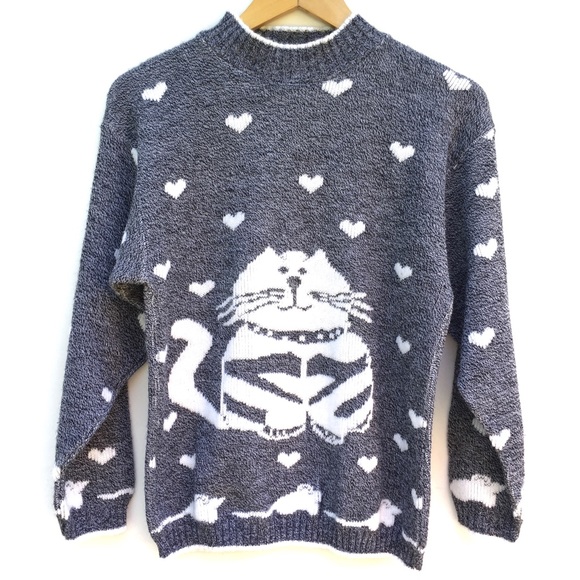 Vintage Sweaters - Vintage Fat Cat Mouse Heart Pullover Sweater